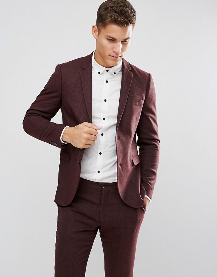 Jack & Jones Premium Slim Suit Jacket In Herringbone Tweed - Red