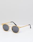 Asos Round Sunglasses In Brushed Gold With Brow Bar - Gold