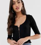 Asos Design Tall Short Sleeve Button Front Cardigan With Scoop Neck-black