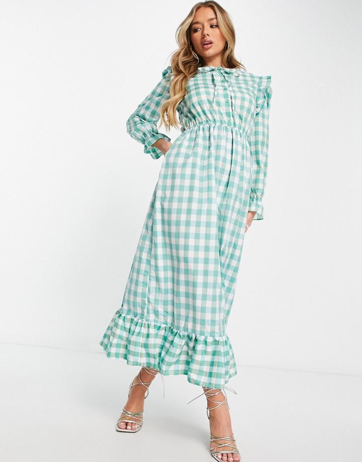 Trendyol Maxi Gingham Tea Dress With Ruffles In Mint-green