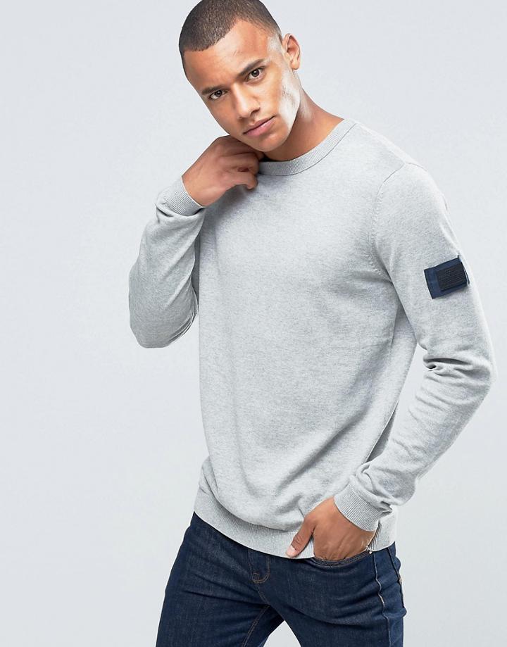 Jack & Jones Knitted Crew Sweater With Arm Badge - Gray