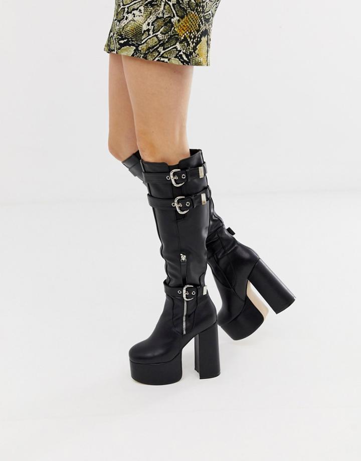 Lamoda Black Chunky Platform Knee High Boots - Black