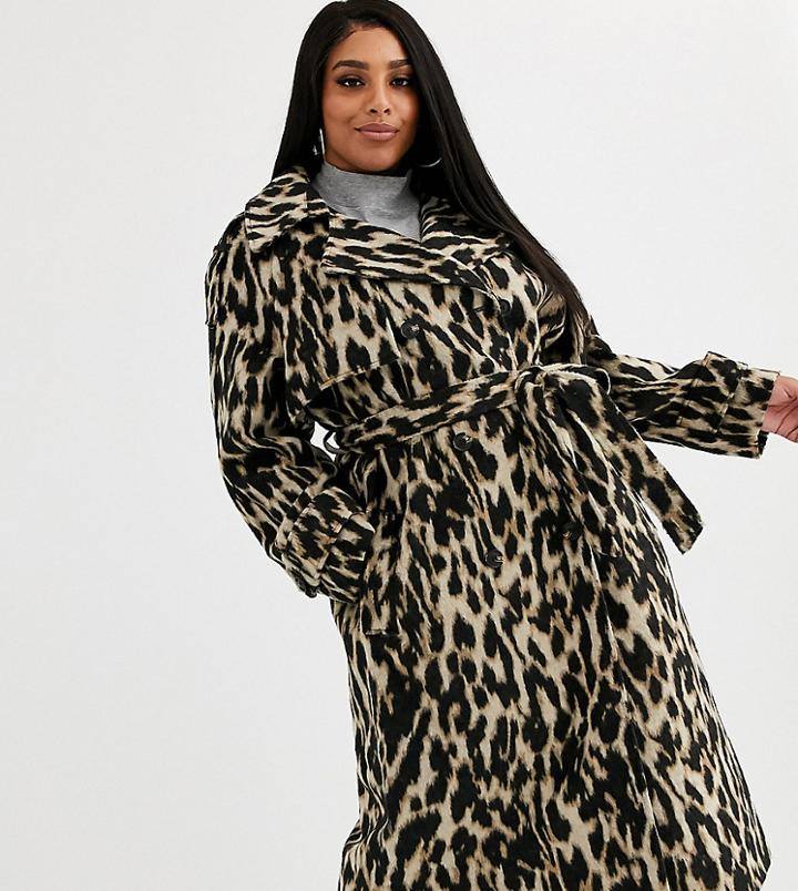 Asos Design Curve Oversized Leopard Belted Coat-multi