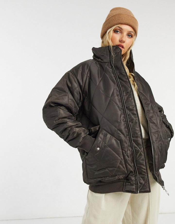 Asos Design Hero Quilted Oversized Bomber Jacket In Brown