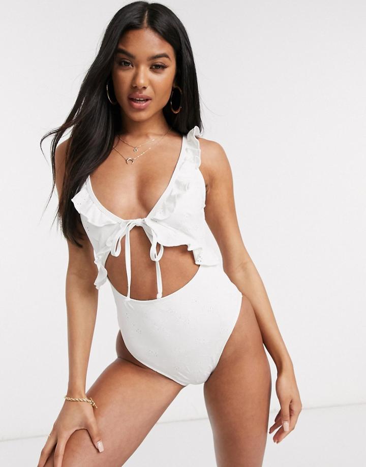 Asos Design Broderie Tie Front Swimsuit In White