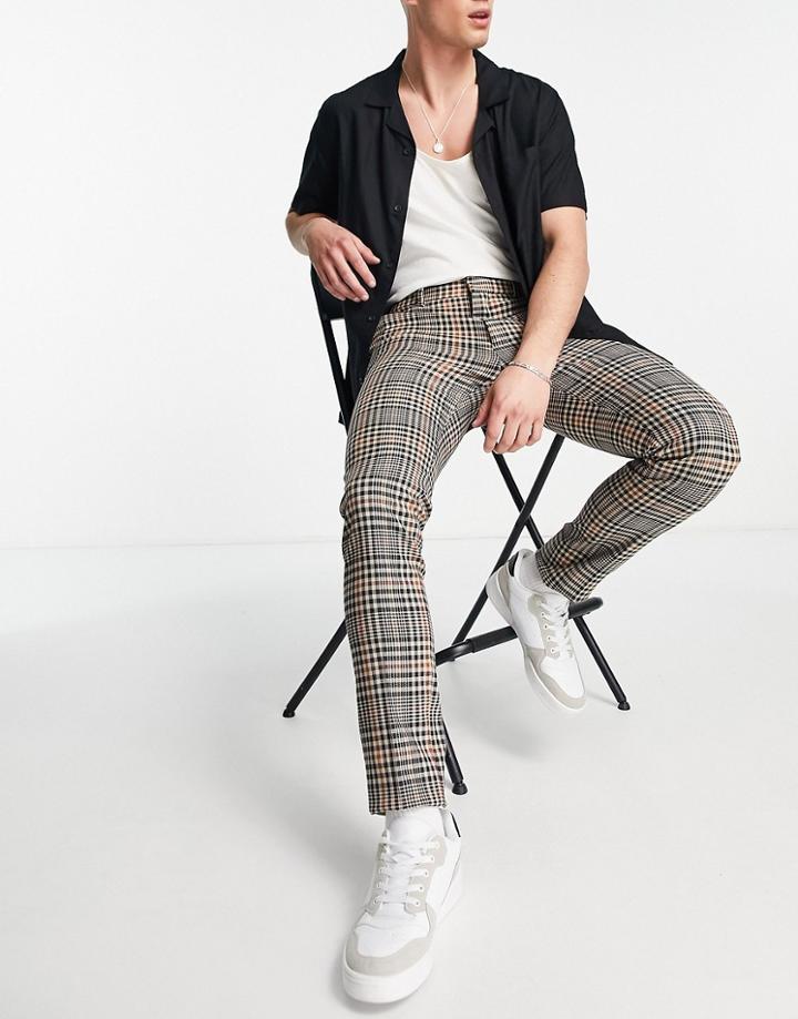 Topman Super Skinny Smart Pants In Brown Check