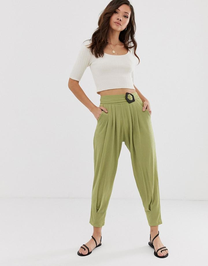 Asos Design Textured Balloon Pants With Buckle - Green