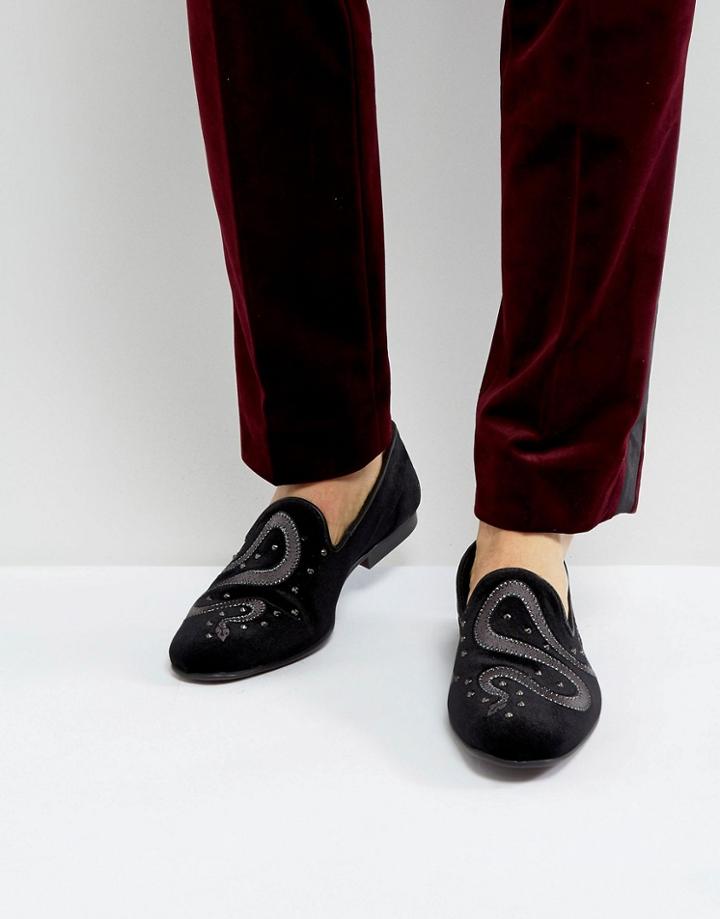 Asos Smart Loafers In Black Velvet With Snake Embroidery - Black