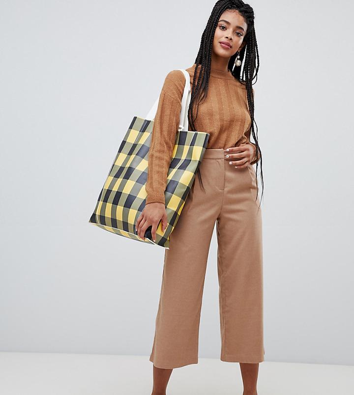 Monki Textured Wide Leg Cropped Pants In Beige