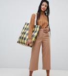 Monki Textured Wide Leg Cropped Pants In Beige