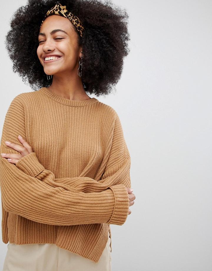 Monki Ribbed Wide Cuff Sweater In Camel Unique - Beige