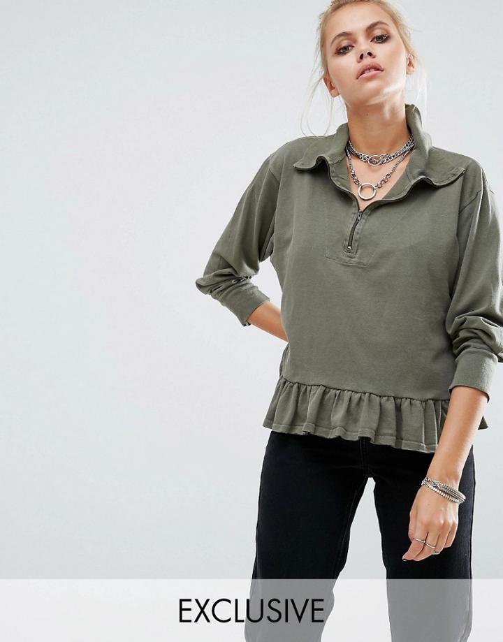 Milk It Vintage High Neck Zip Up Sweater With Peplum Frill Hem - Green