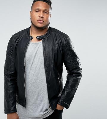 Barney's Originals Plus Faux Leather Ribbed Biker Jacket - Black
