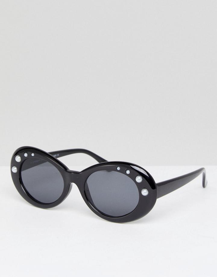 7x Oval Frame Chunky Sunglasses With Pearl Embellishment - Black