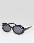7x Oval Frame Chunky Sunglasses With Pearl Embellishment - Black