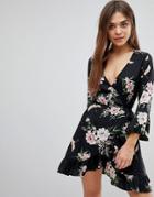 Influence Floral And Bird Print Ruffle Detail Wrap Dress - Black