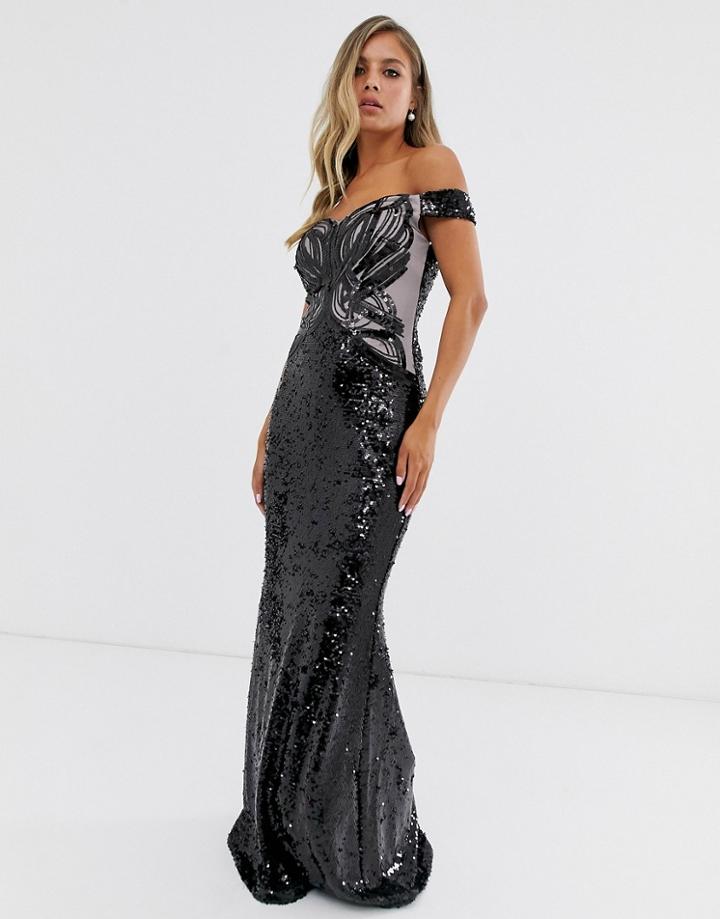 Lipsy Embellished Sequin Bardot Maxi Dress-black
