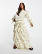 Asos Design Shirred Bodice Maxi Smock Dress With Tie Sleeves In Yellow Ditsy Floral Print-multi