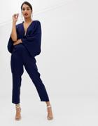 Asos Design Drape Kimono Jumpsuit With Ultra Plunge And Peg Leg - Multi