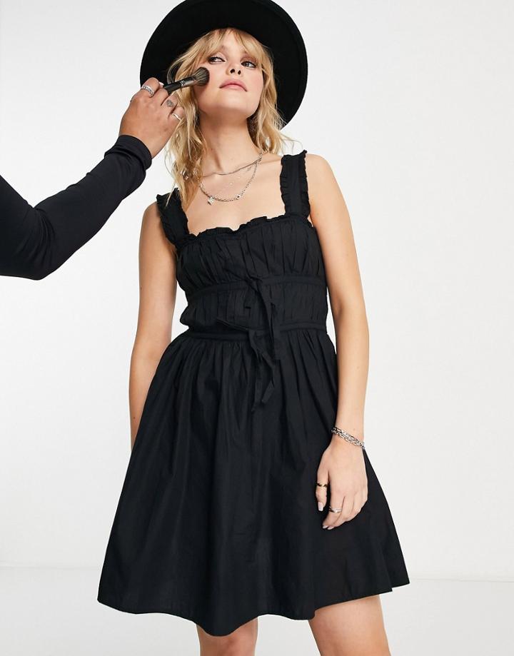 Topshop Shirred Channeled Poplin Mini Dress In Black