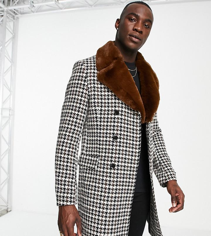 Gianni Feraud Tall Faux Fur Collar Checked Coat-black