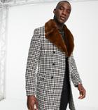 Gianni Feraud Tall Faux Fur Collar Checked Coat-black