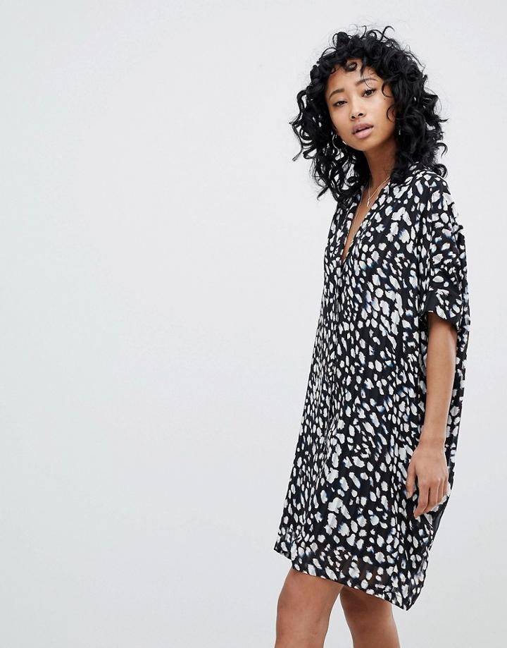 Religion Oversized Tunic Dress In Animal Print - Black