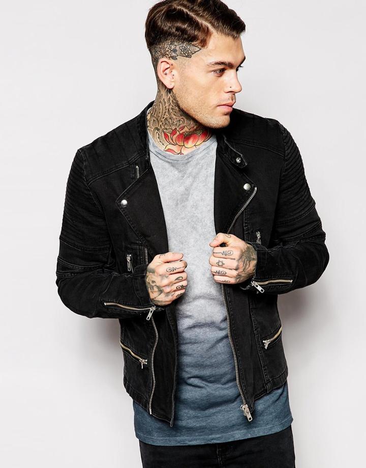 Asos Skinny Denim Biker Jacket With Quilted Sleeve - Black