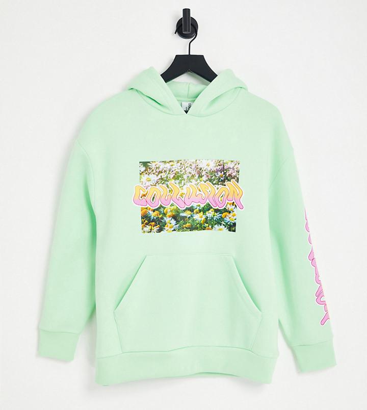 Collusion Warped Branded Print Hoodie In Light Green