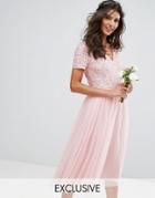 Maya V Neck Midi Dress Dress With Delicate Sequin And Tulle Skirt - Pink