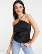 Asos Design Satin Halter Cami With And Tie Back In Black