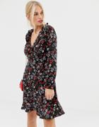 Uttam Boutique Long Sleeve Ditsy Print Frill Wrap Dress - Black