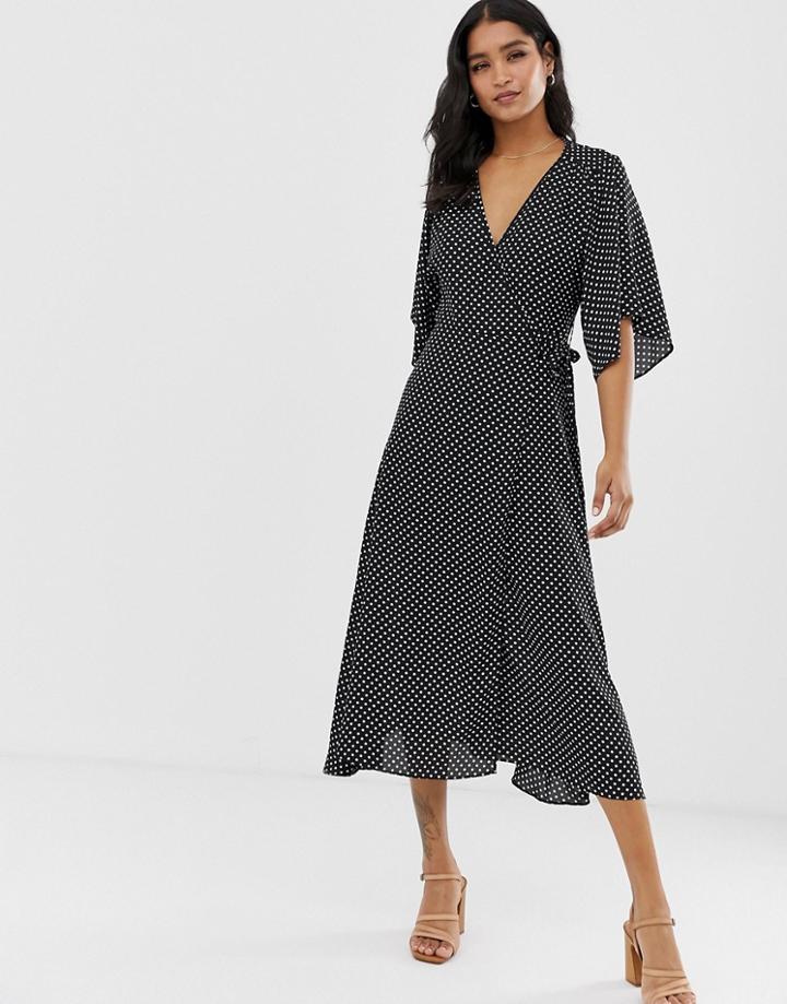 Liquorish Maxi Wrap Dress With Tie Waist Detail In Polka Dot - Black