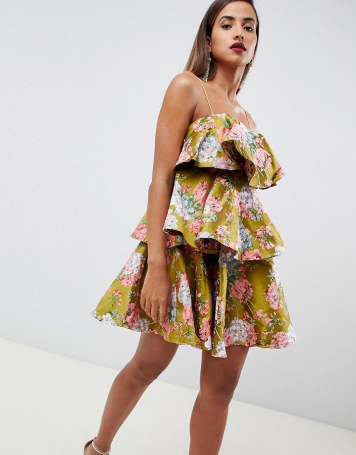 Asos Design Tiered Mini Dress In Structured Jacquard - Multi