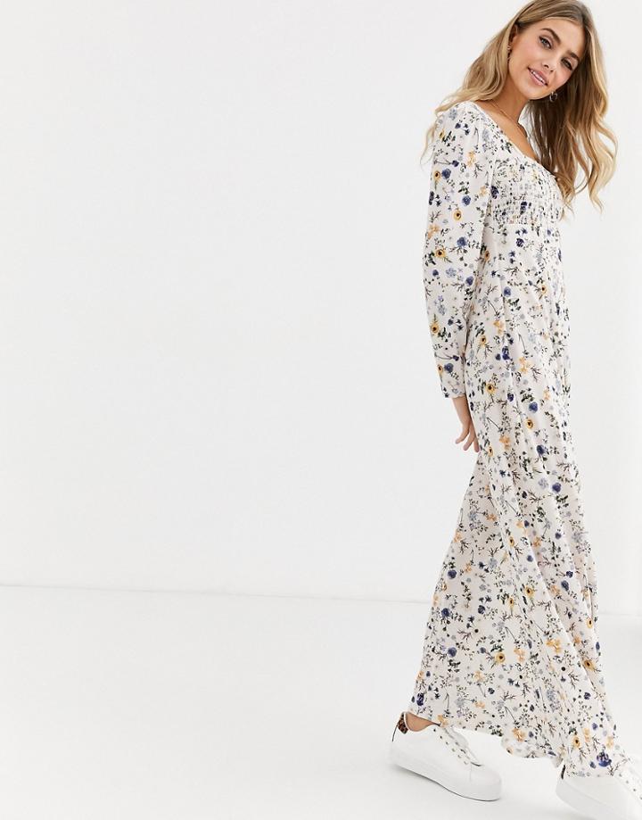 Asos Design Long Sleeve Square Neck Shirred Maxi Dress In Floral Print - Multi
