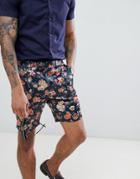 Asos Slim Smart Short In Cotton Sateen With Floral Print - Navy