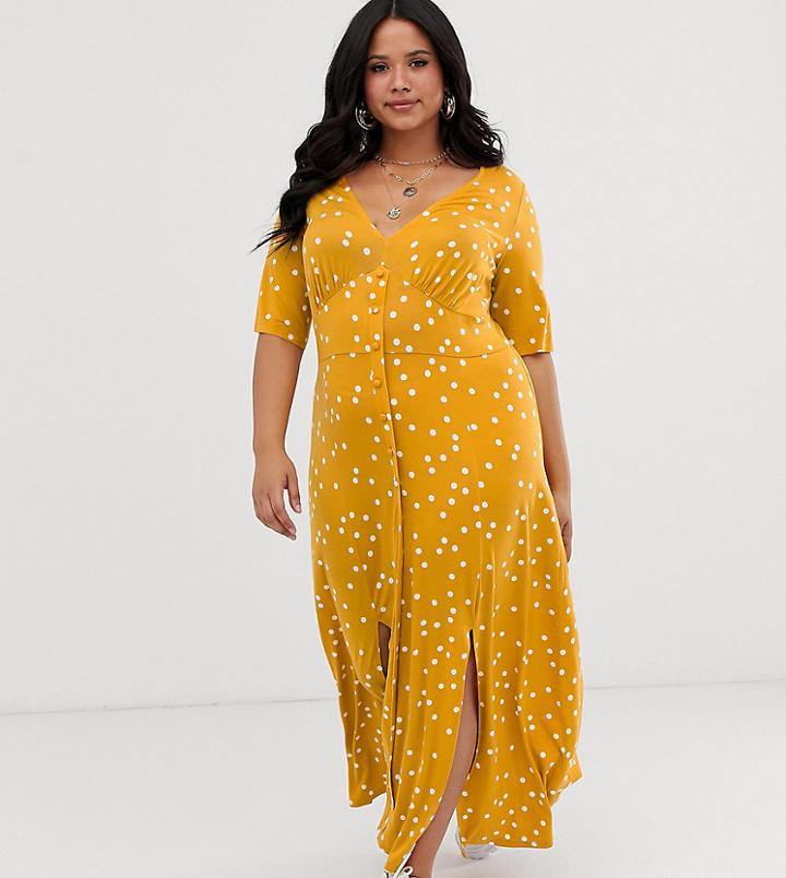 Asos Design Curve Button Through Maxi Tea Dress With Splits In Polka Dot - Multi