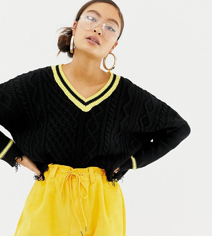 Collusion V Neck Cable Knit Sweater With Tipping - Black