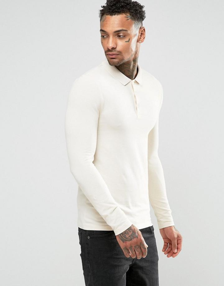 Asos Extreme Muscle Long Sleeve Polo In Off-white - Cream
