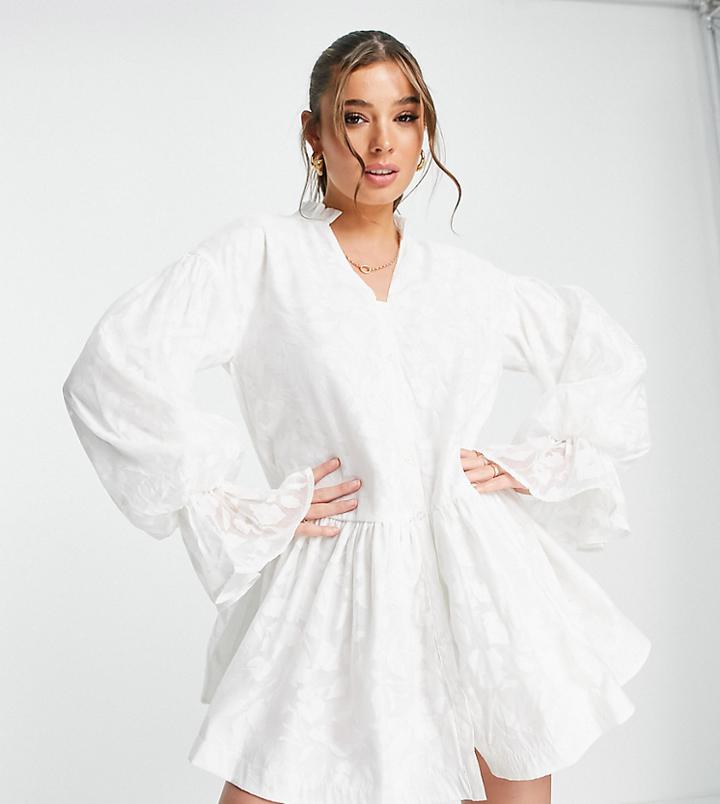 In The Style X Lorna Luxe Burnout Volume Sleeve Ruffle Hem Shirt Dress In White