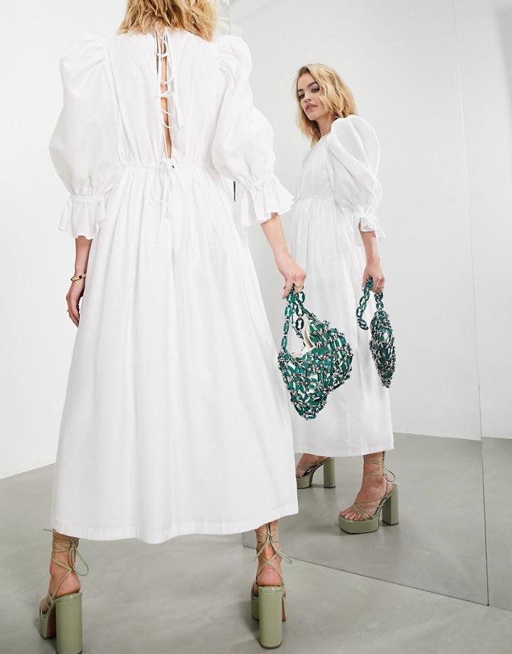 Asos Edition Puff Sleeve Midi Dress With Tie Back Detail In White