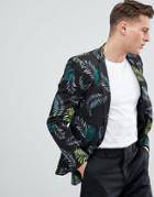 Asos Skinny Blazer In Cotton With Palm Print - Black