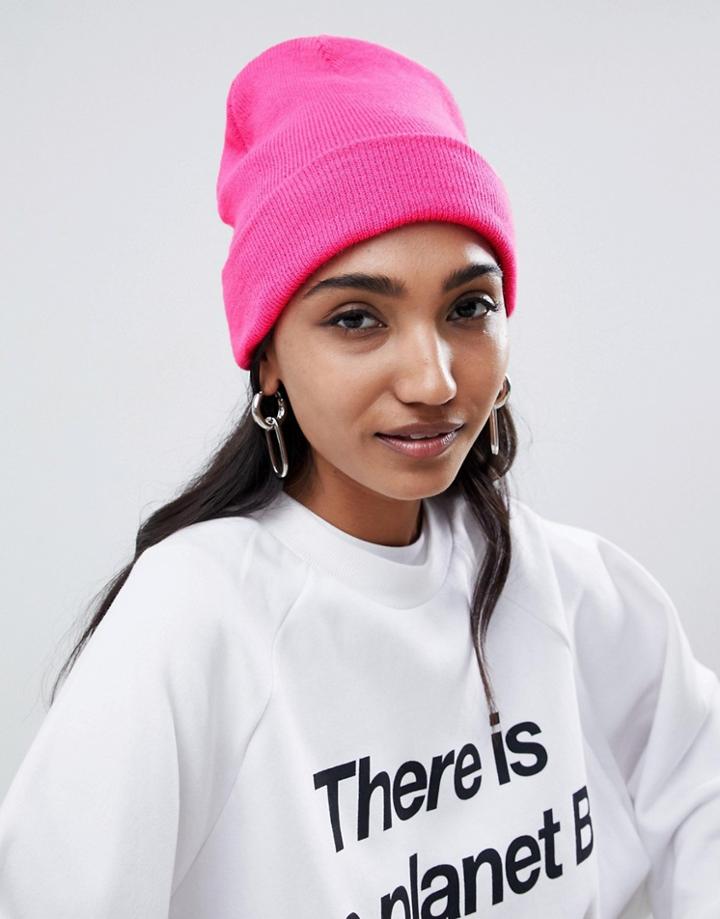 Asos Design Neon Turn Up Beanie - Pink