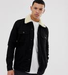 Asos Design Tall Denim Jacket With Detachable Fleece Collar In Black