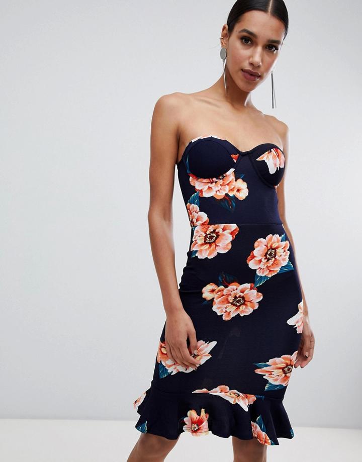 Ax Paris Off Shoulder Frill Hem Dress - Navy