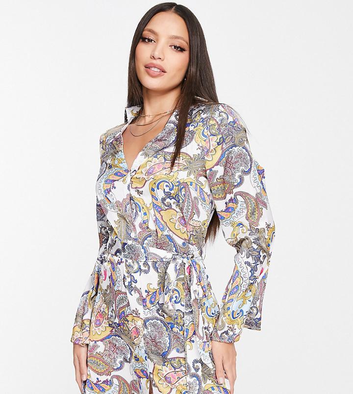 Parisian Tall Tie Waist Satin Shirt Dress In Paisley-multi