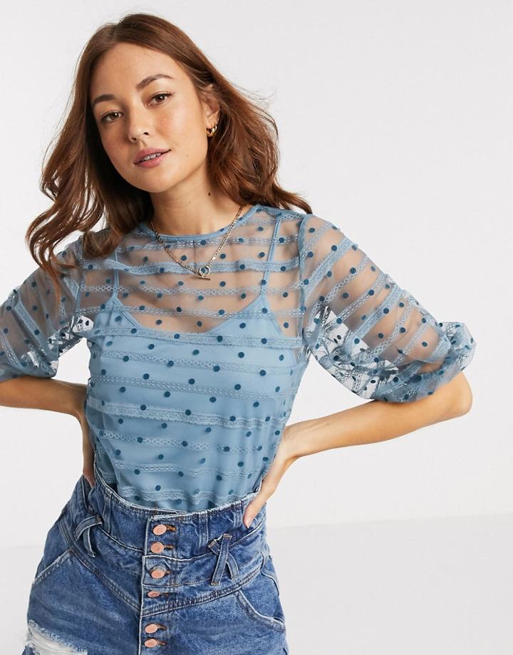 Vila Sheer Lace Top In Blue-blues