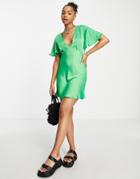 Stradivarius V Neck Satin Tea Dress In Green