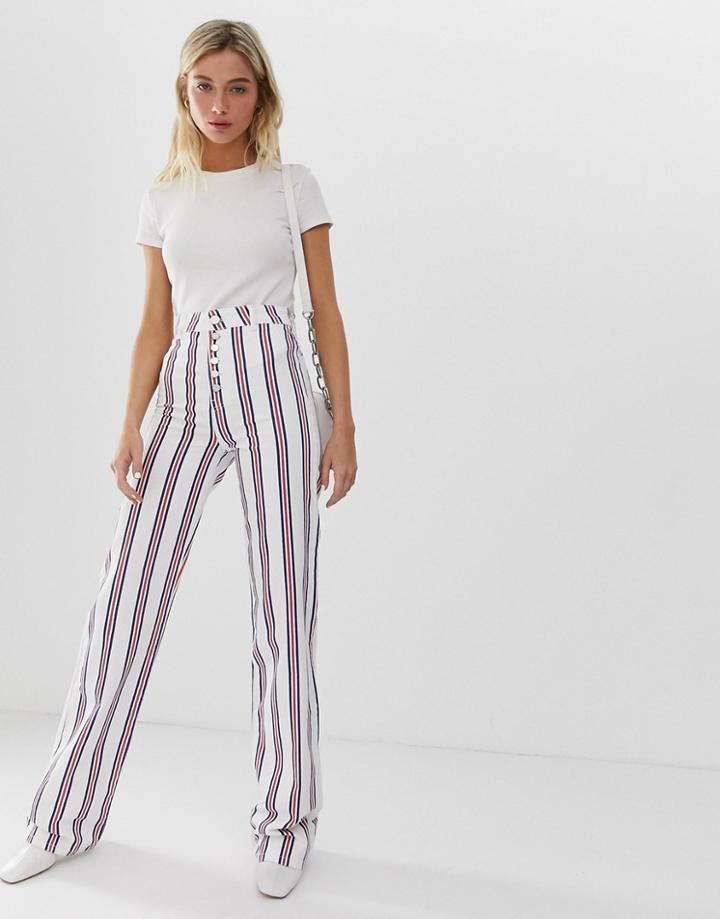Asos Design Full Length Flare Jeans In Stripe With Exposed Fly Detail-multi