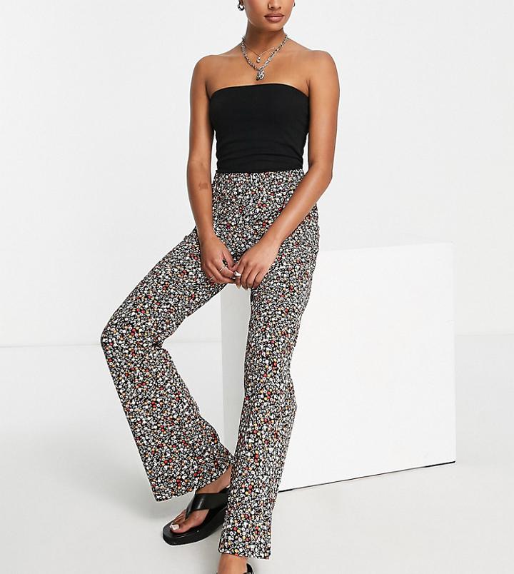 Only Petite High Waisted Flared Pants In Black Ditsy Floral-multi